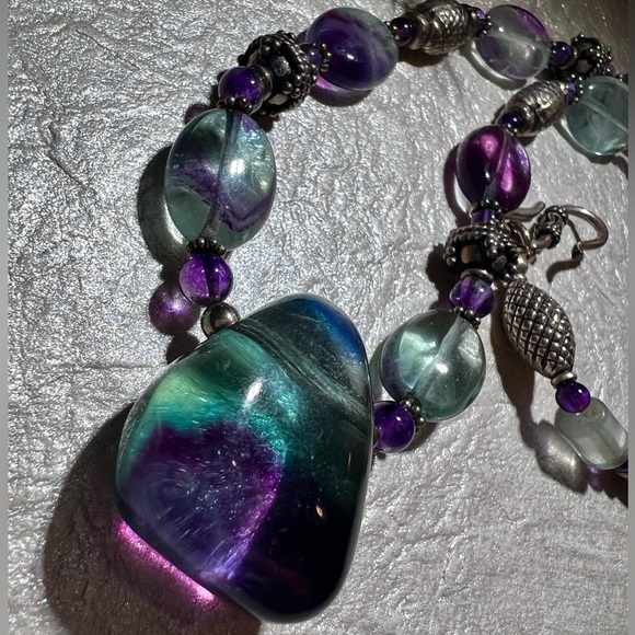 Natural Fluorite 925 Sterling silver Necklace. Large Tri-color Fluorite Pendant - Picture 13 of 15
